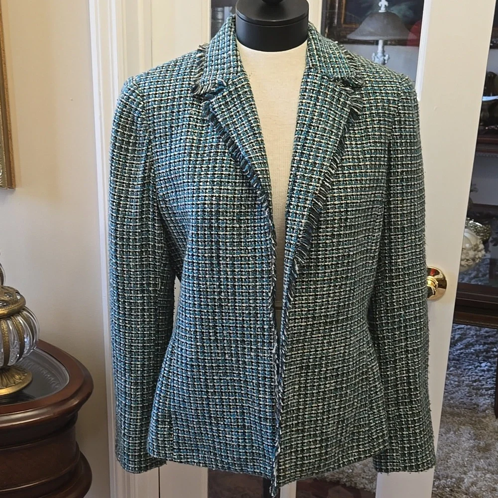 Liz Claiborne Teal Black Gray White Tweed Blazer Fringe Fully Lined 2 Pocket 12